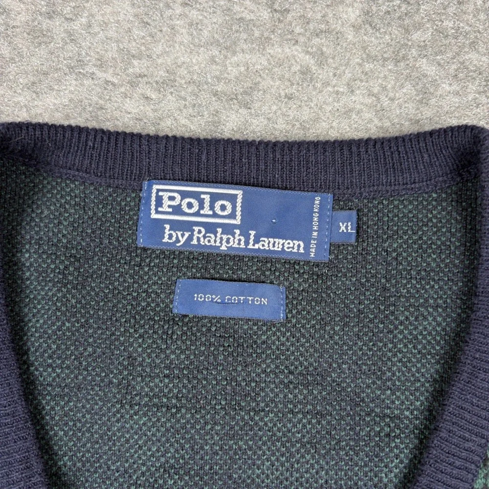 Polo Ralph Lauren Sweater Vest Mens XL Green Plaid V-Neck Cotton Knit